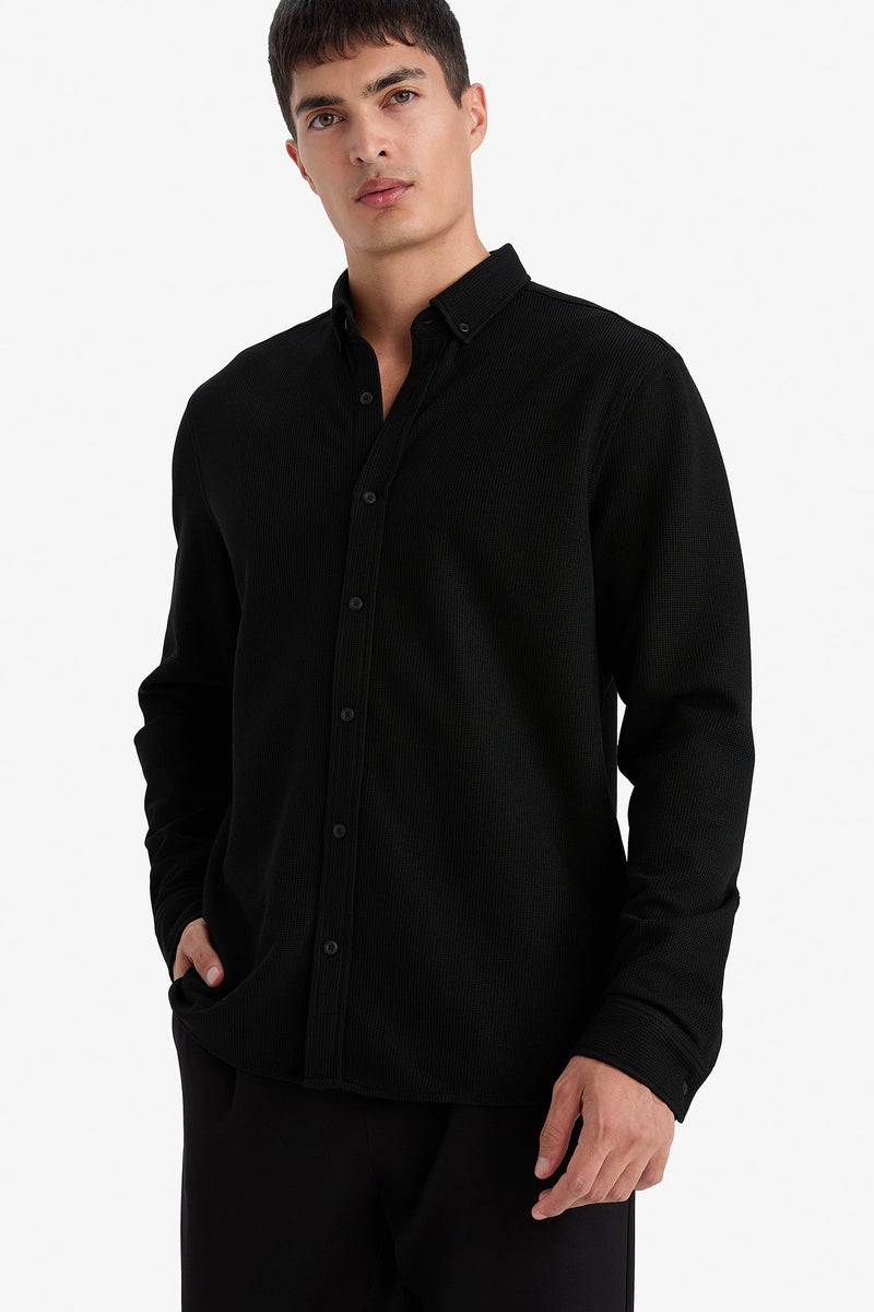DeFacto Black Man Regular Fit Polo Collar Long Sleeve Shirt Casual - Image 3